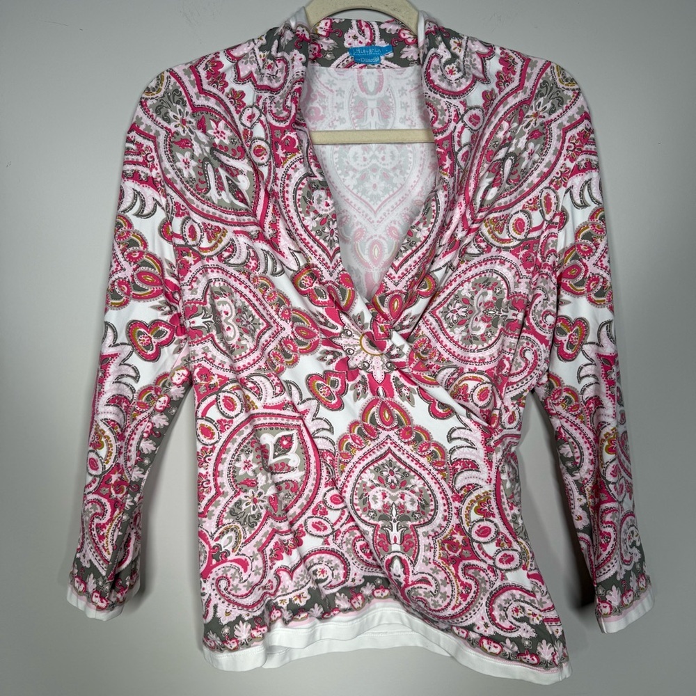 J.McLaughlin for Dillard’s Pink Paisley V-Neck Long Sleeve Top Size Large